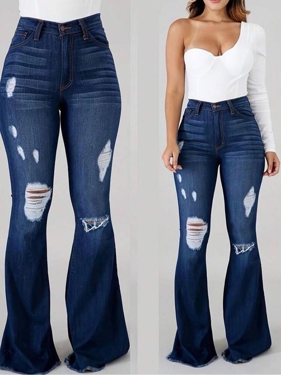 Miss C Denim - High-Waist Distressed Flare Jeans - Dark Blue